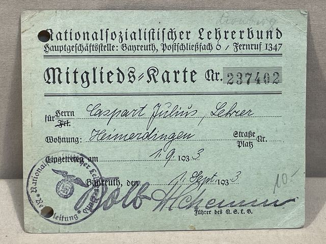 Original Nazi Era German NS Lehrerbund Membership Card, Mitglieds-Karte