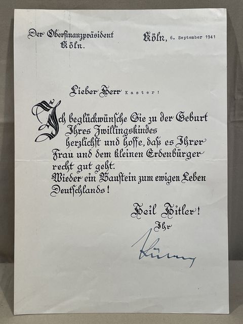 Original WWII German Congratulations Letter, Birth of Twins!
