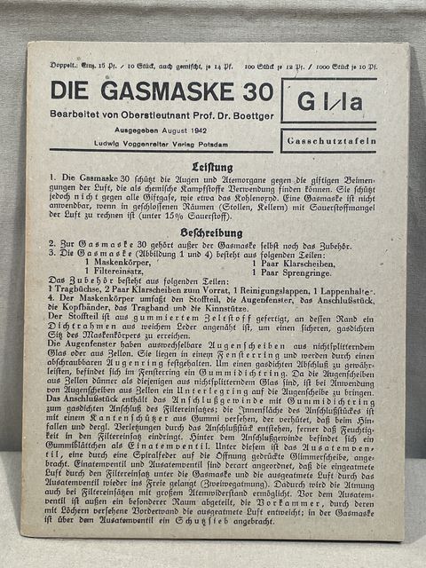 Original WWII German The Gas Mask 30 Training Sheet, Die Gasmaske 30