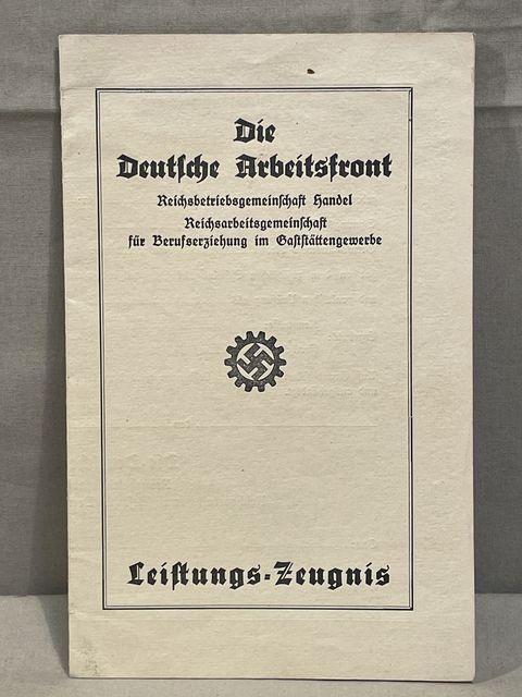Original 1938 German DAF Member's Performance Certificate, Leistungs-Zeugnis
