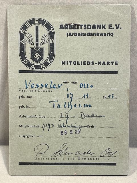 Original Nazi Era German RAD ARBEITS DANK Member's ID/Dues Card