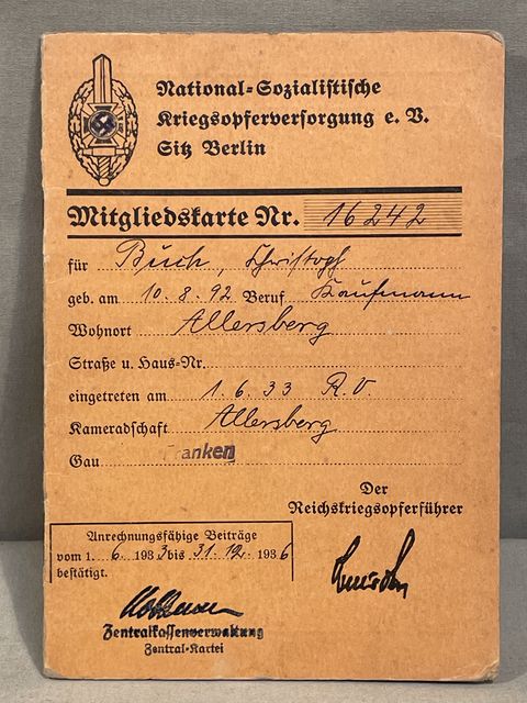 Original Nazi Era German NSKOV Member's ID/Dues Card