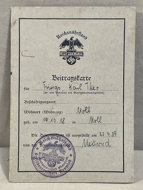 Original Nazi Era German Reichsn�hrstand Contribution Booklet, Beitragskarte