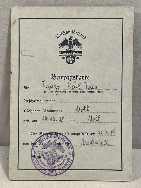 Original Nazi Era German Reichsnhrstand Contribution Booklet, Beitragskarte