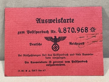 Orignal Nazi Era German Postal Savings Book (Postsparbuch) Identification Card