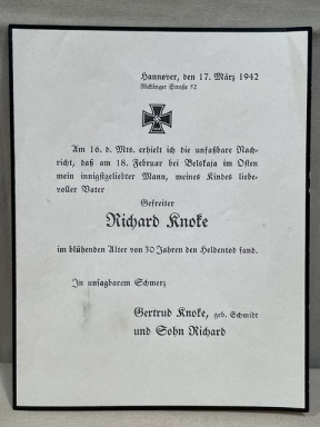 Original WWII German Death Announcement, Gefreiter Richard Knoke