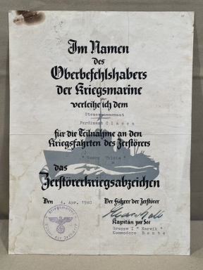 Original WWII German Kriegsmarine Destroyer War Badge Award Document, Zerstörerkriegsabzeichen