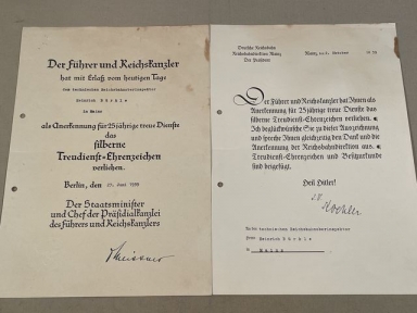 Original WWII German Documents to Tecknical Railway Senior Inspector, 25 Year Faithful Service Medal