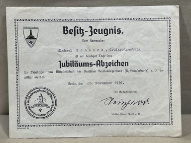 Original Nazi Era German Award Document, DRKB Member's 25 Year Badge