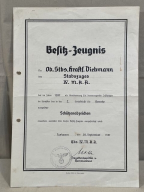 Original 1937 German Kriegsmarine Soldier's Marksman's Lanyard Award Document