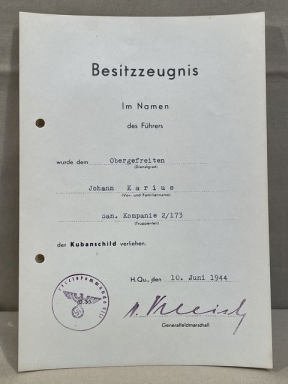 Original WWII German Award Document for the Kuban Shield
