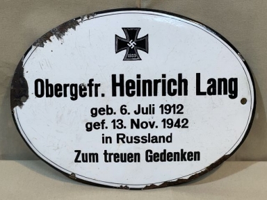 Original WWII German Fallen Soldier's Grave Marker Plaque, Obergefreiter Heinrich Lang