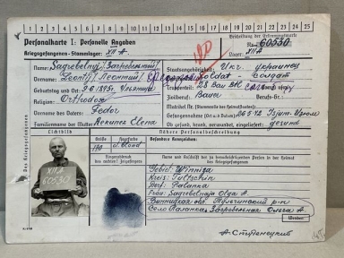 Original WWII German Personal Details Card for Russian POW, Personalkarte I: Personelle Angaben