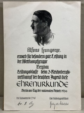Original 1936 German DAF/HJ Sports Award Document