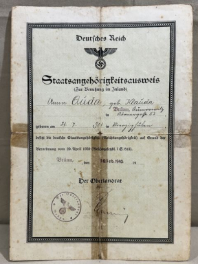 Original WWII German Citizenship ID (For Domestic Use) Document, Staatsangehrigkeitsausweis