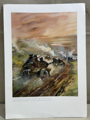 Original WWII German Military Themed Color Print, MOTORCYCLE GUARDIANS ADVANCE