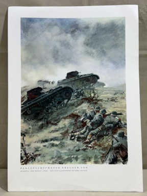 Original WWII German Military Themed Color Print, Armored Vehicles Advance