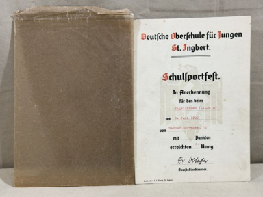Original 1939 German High School for Boys Sports Award w/Glassine Envelope