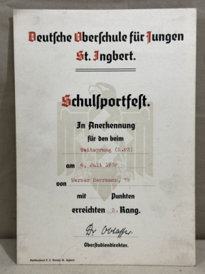 Original 1939 German High School for Boys Sports Award, Oberschule fr Jungen