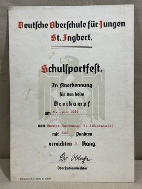 Original 1939 German High School for Boys Sports Award, Oberschule fr Jungen
