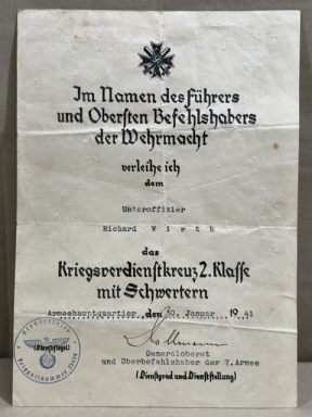Original WWII German Award Document for the War Merit Cross 2nd Cl.