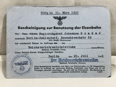 Original WWII German Authorization to Use the Railway, Eisenbahn