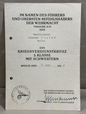 Original WWII German Award Document for the War Merit Cross 2nd Cl.