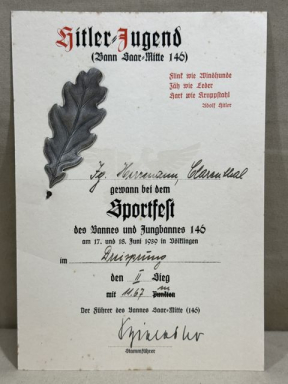 Original 1939 German Hitler Youth (Hitler-Jugend) Sports Award for the Triple Jump