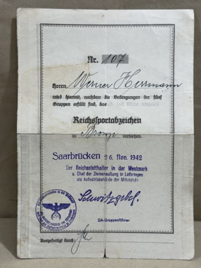 Original WWII German Reich Sports Badge Award Document, Reichsportabzeichen