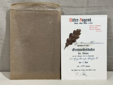 HOLD! Original 1939 German Hitler Youth (Hitler-Jugend) Sports Award w/Glassine Envelope