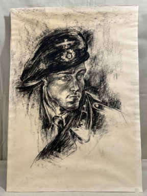 Original WWII German Panzer Soldier Handmade Pastel Drawing, One-of-a-Kind