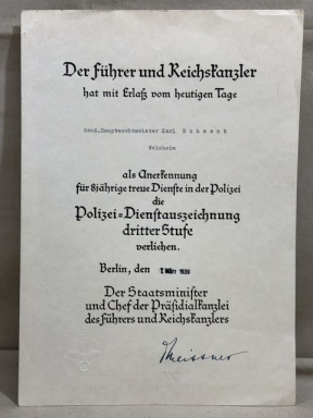 Original WWII German Police Officer's Award Document, 8 Years Service