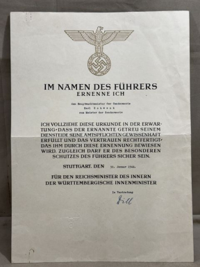 Original WWII German Police Officer's Promotion Document, Meister der Gendarmerie
