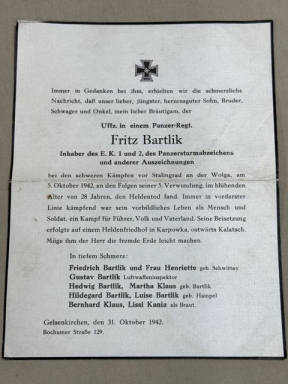 Original WWII German Soldier's Death Notice, Panzer NCO Died at Stalingrad
