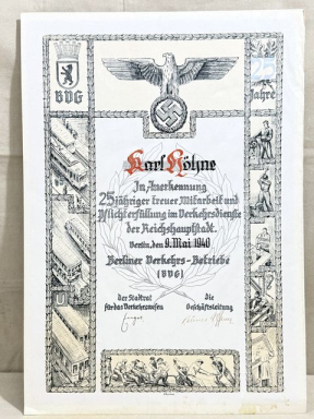 Original WWII German 25 Year Faithful Service Document, Berlin Transport Services