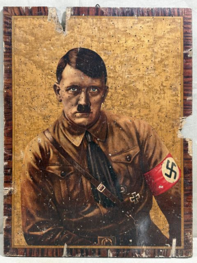 Original Nazi Era German Hitler Illustrated Wooden Plaque with Damage