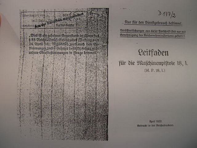 Photocopy of Original 1920 German Manual for the MP-18