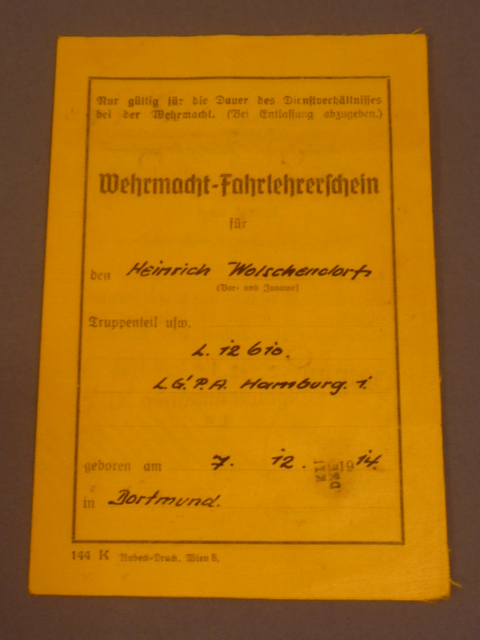 Original WWII German Driving Instructors Driver License