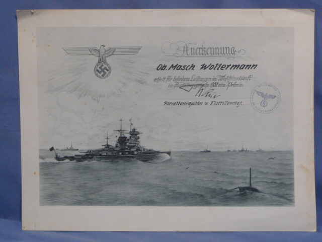 Original 1938 German KM (Navy) Certificate for Outstanding Achievements in the Engine Department